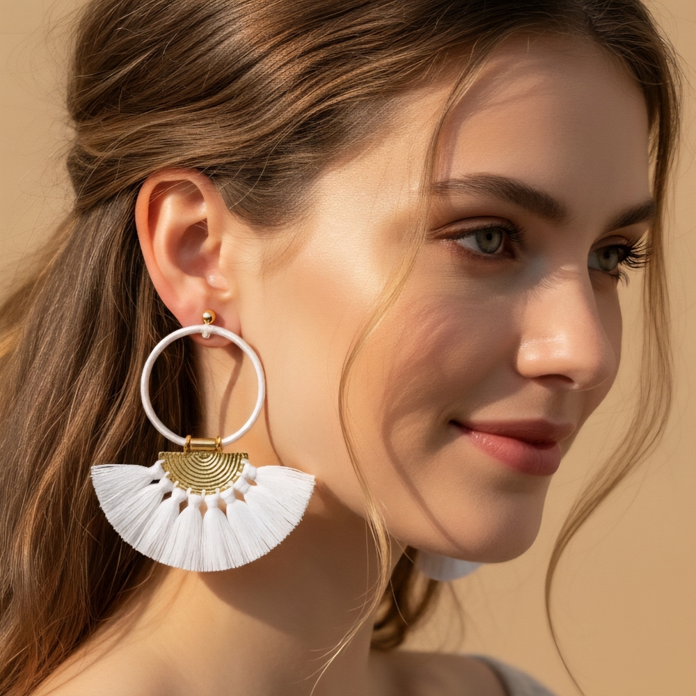 Drop White Handmade Tassel Fan Earrings In Brass Polyester Statement Jewelry 28$